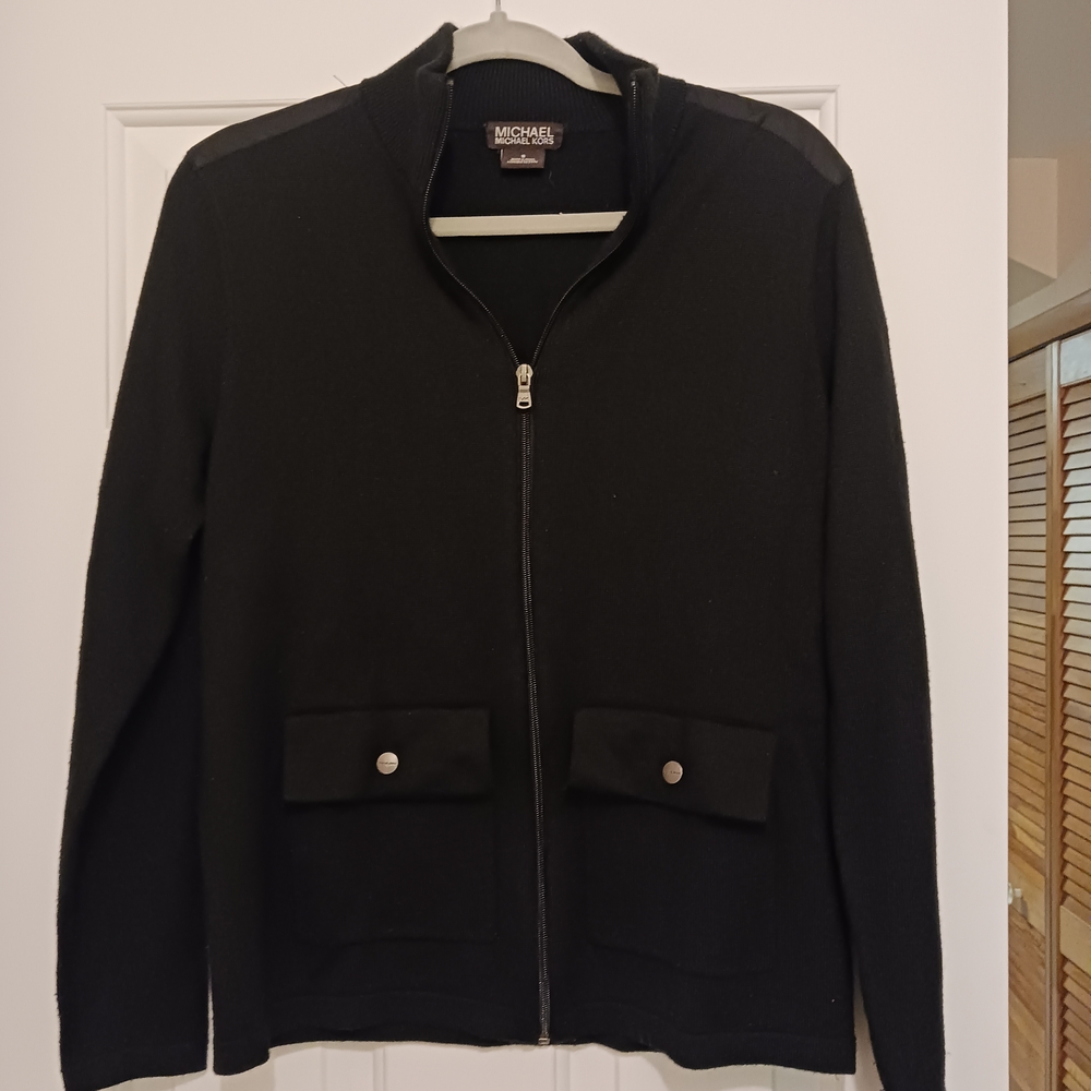 Michael Kors Mens Black Full Zip Mock Neck Wool Blend‎ Cardigan Sweater Small